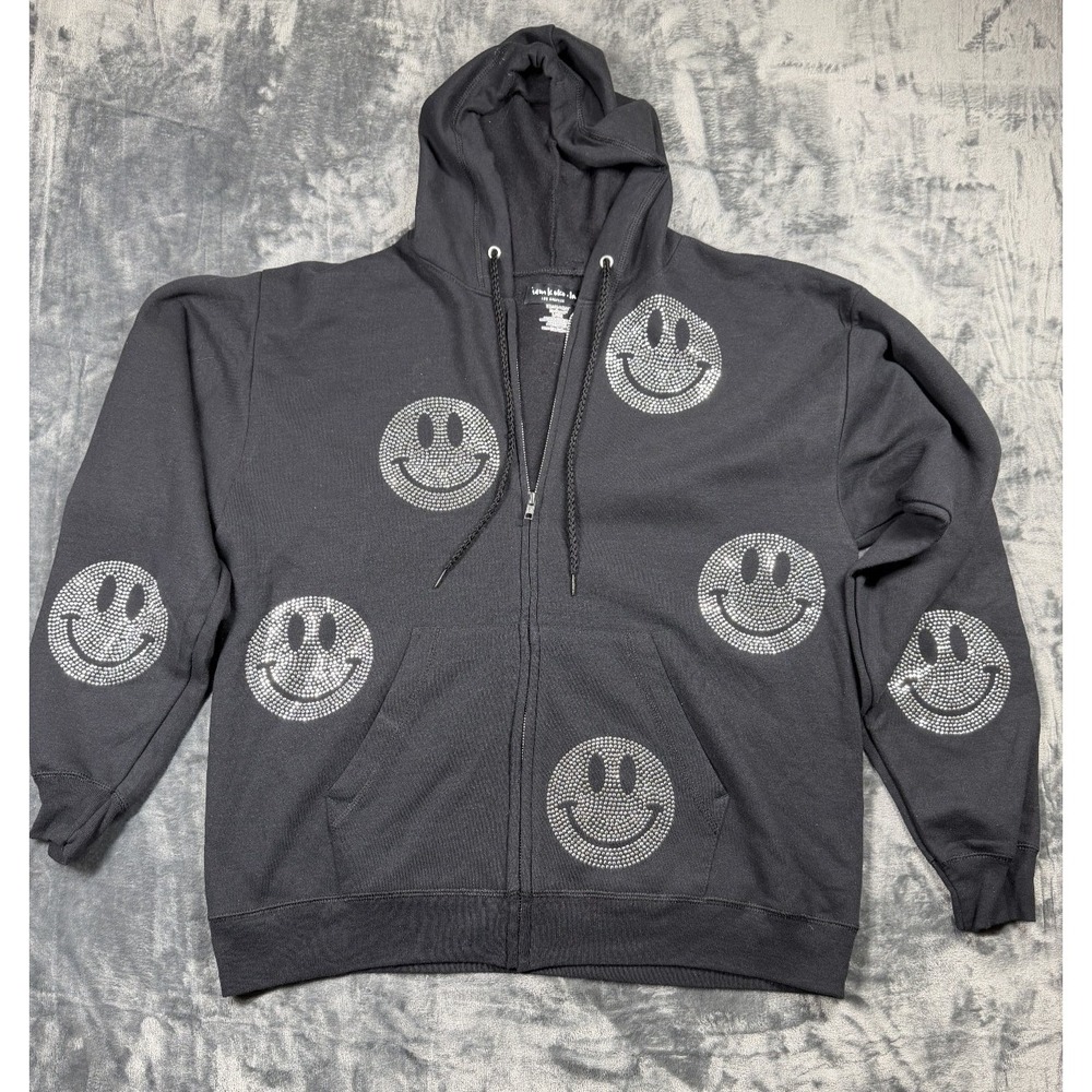 I Am Koko La Women's L Rhinestone Smiley Face Zip Hoodie Black Y2K Bling